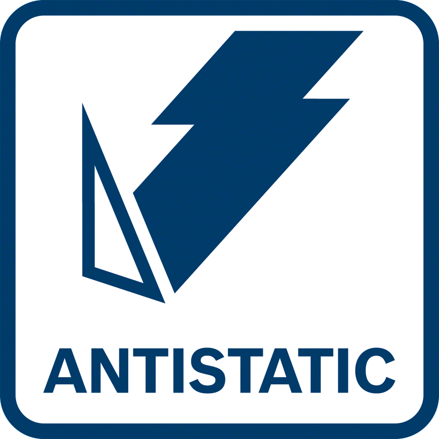 Kék négyzet villámmal és a fehér ANTISTATIC szóval.