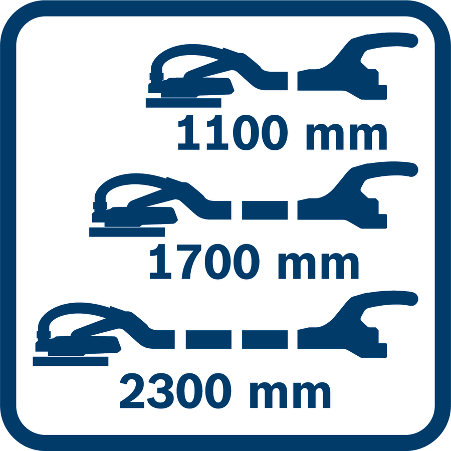 Három vasaló illusztrációja. A méretek 1100 mm, 1700 mm és 2300 mm.