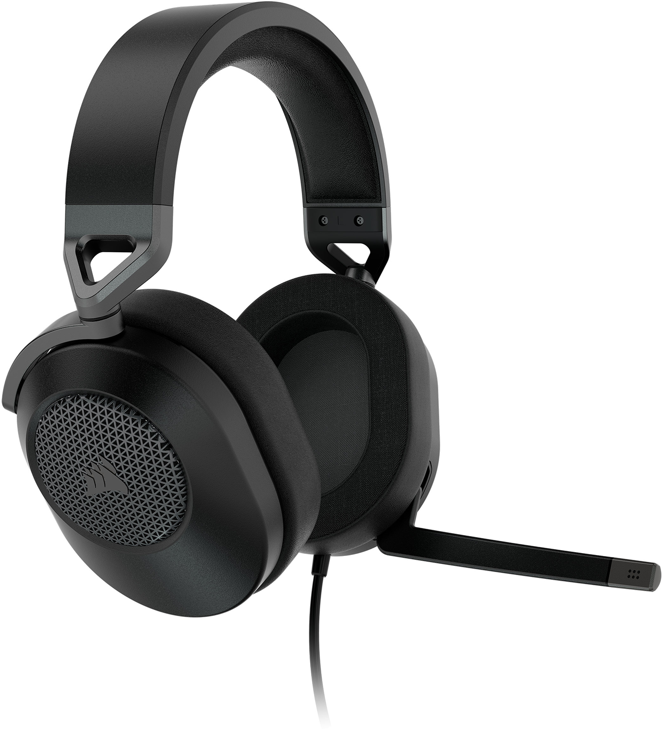 Zwarte gaming-koptelefoon met een microfoon. De oorschelpen zijn naar de kijker gericht.
