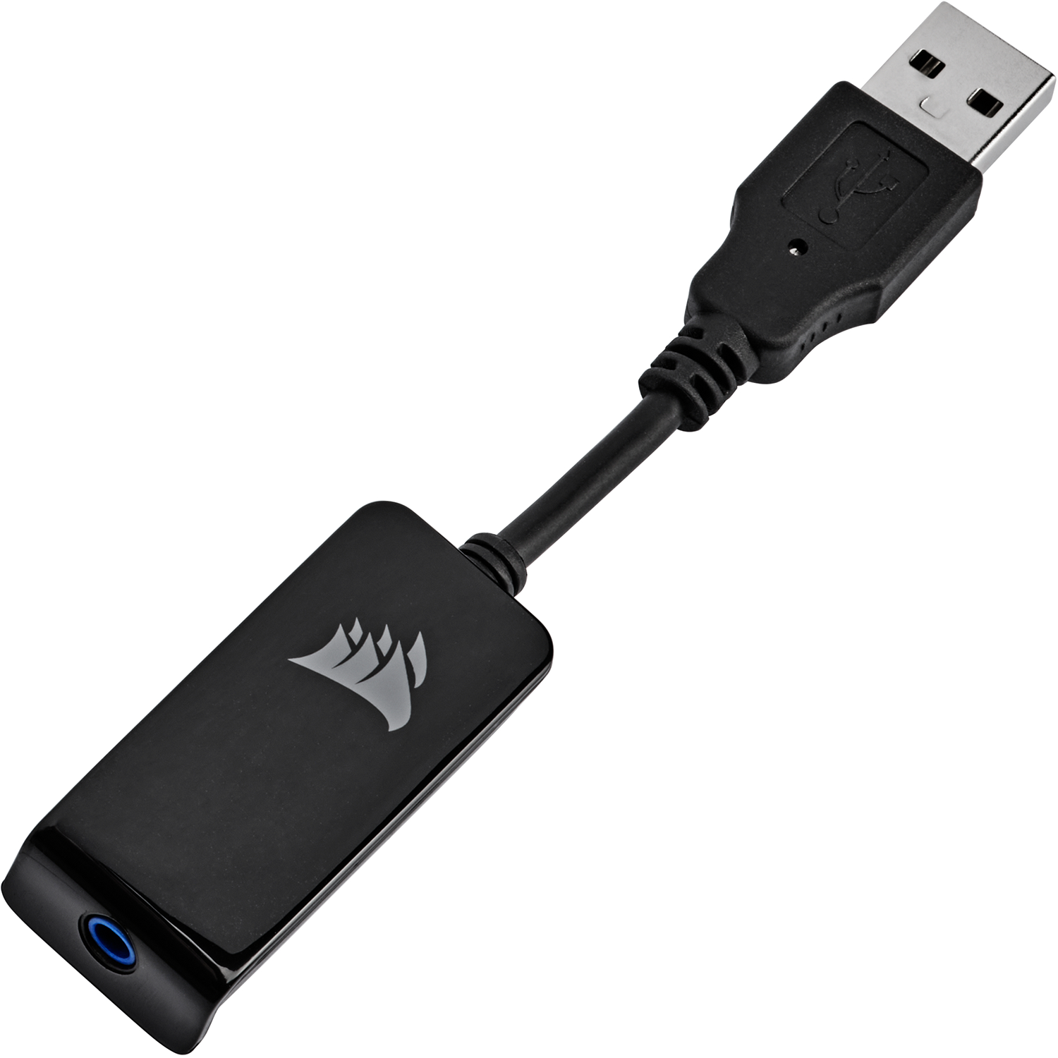 Zwarte USB-adapter met connector en audio-aansluiting, witte achtergrond.