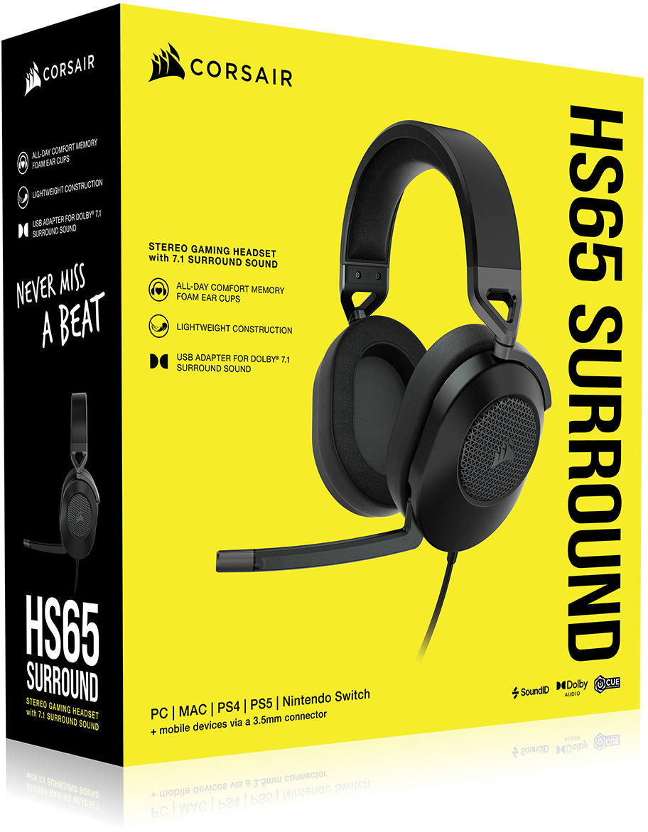 Een doos voor een gaming headset. De headset is zwart met een microfoon.