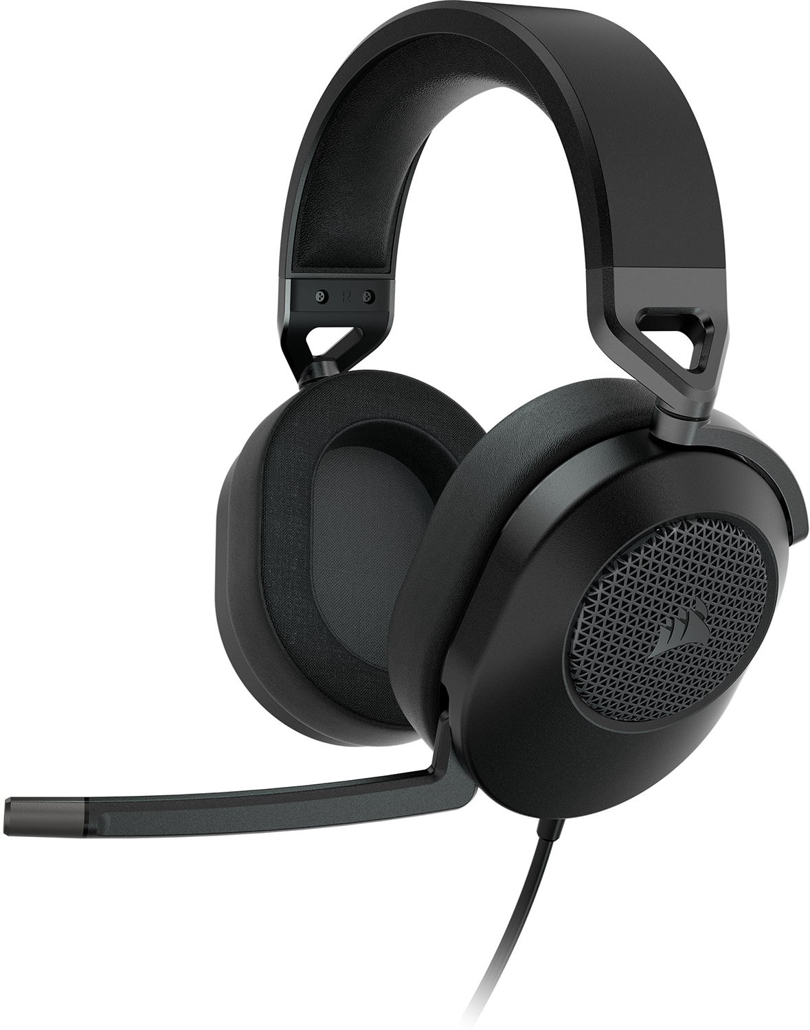 Zwarte Corsair gaming headset met een microfoon, schuin naar links.