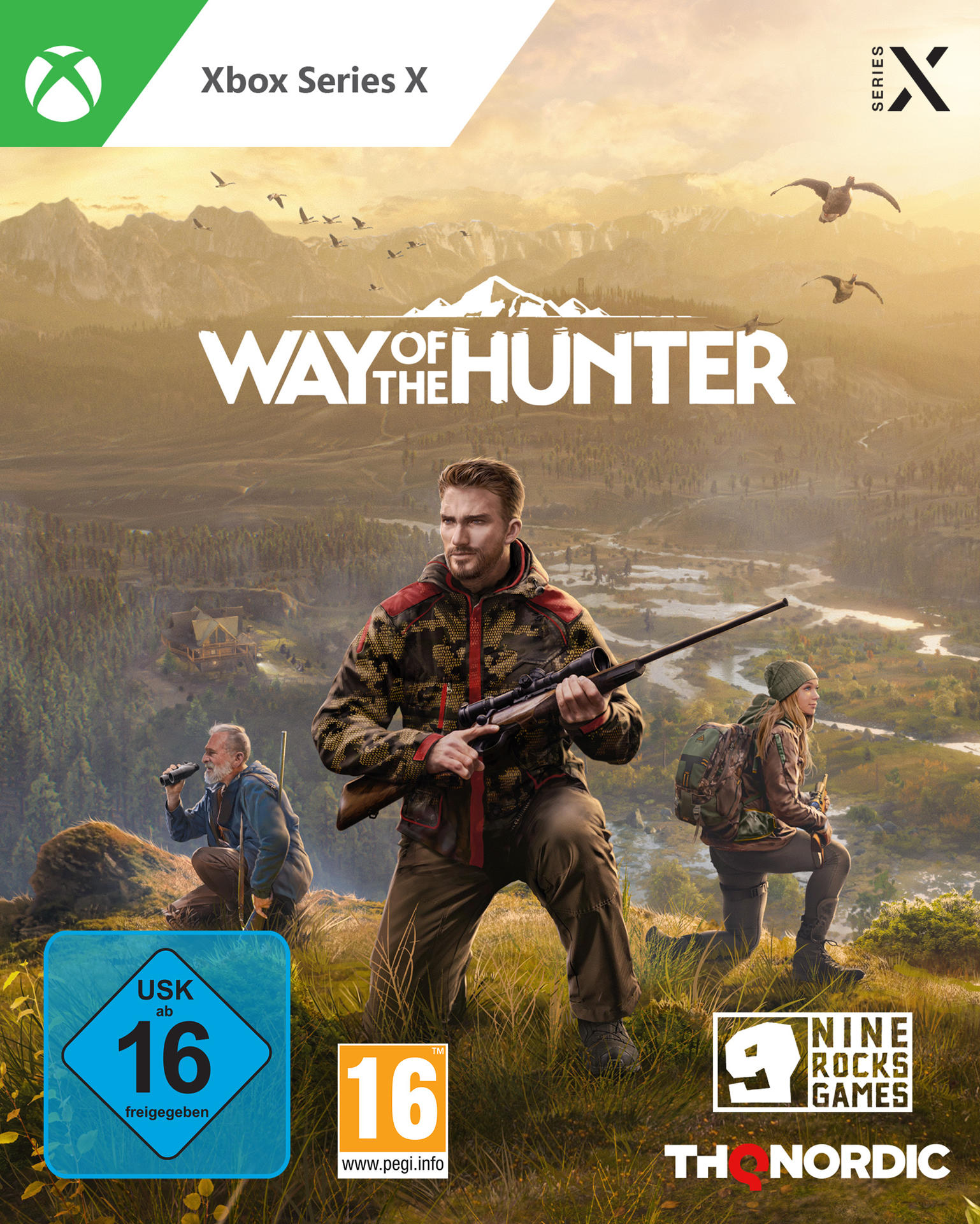 Way of the Hunter-Spielcover. Mann mit Gewehr. Landschaftshintergrund mit Jägern. USK 16-Rating.