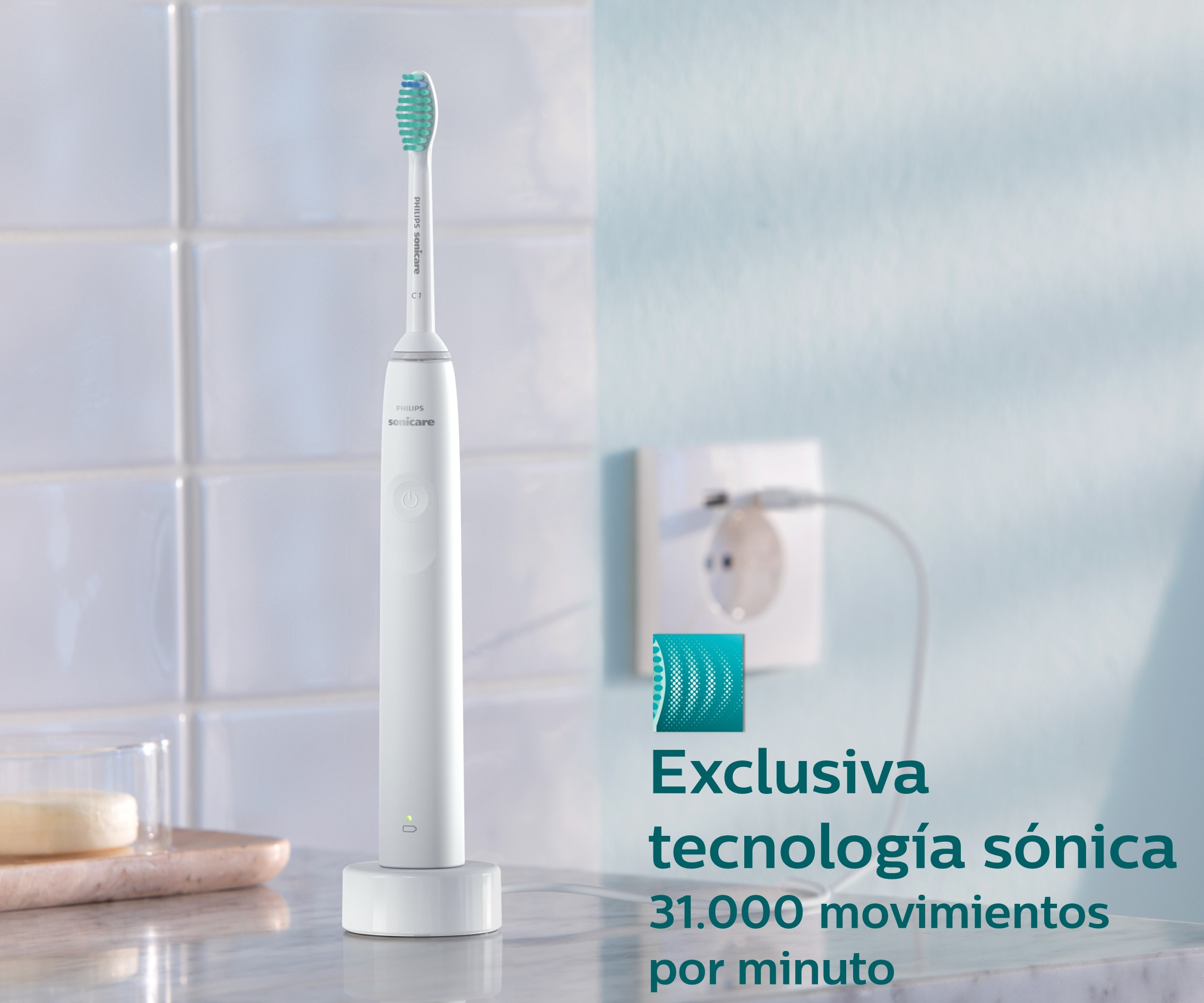 Cepillo de dientes eléctrico blanco en un cargador, con texto sobre tecnología sónica y 31,000 movimientos por minuto.
