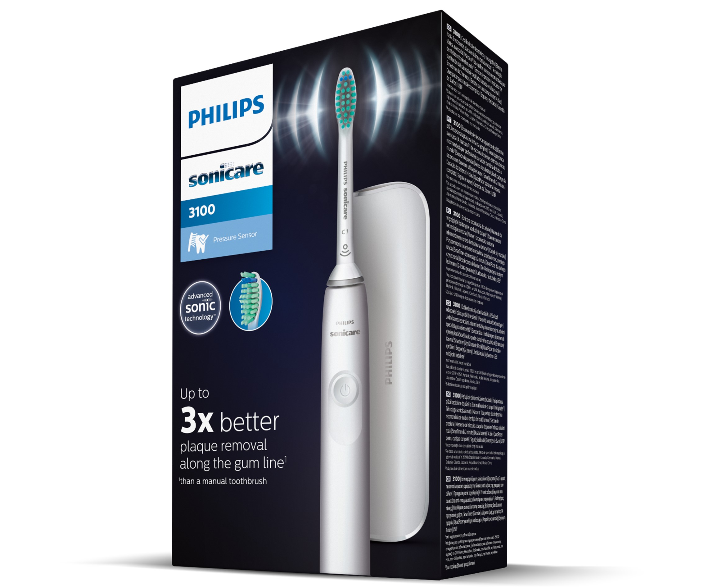 Cepillo de dientes eléctrico Philips Sonicare y caja, con texto e información del producto.