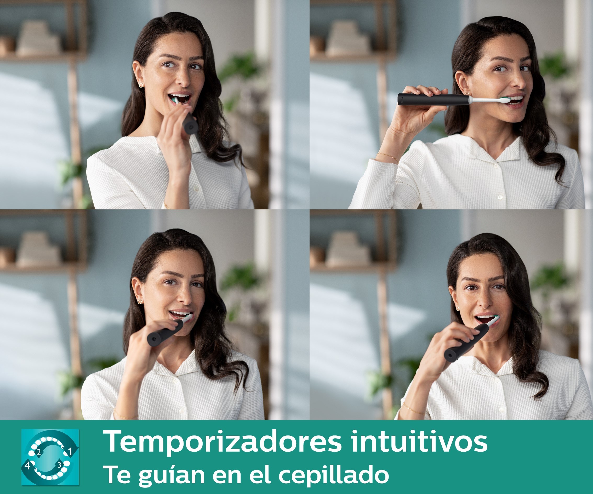 Cuatro imágenes muestran a una mujer cepillándose los dientes con un cepillo eléctrico. El texto está en español.