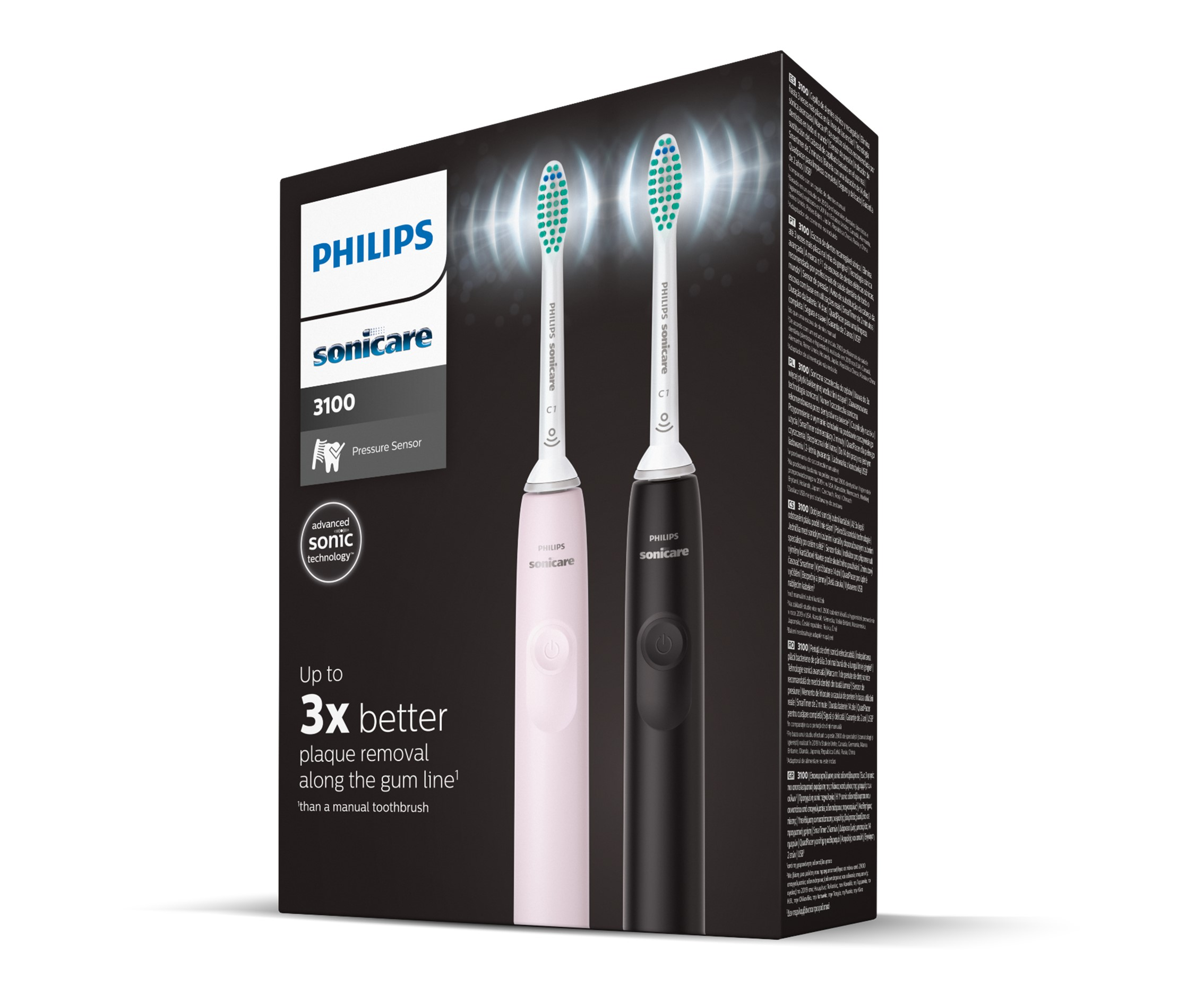 Cepillos de dientes eléctricos en una caja, rosa y negro, con sensor de presión.