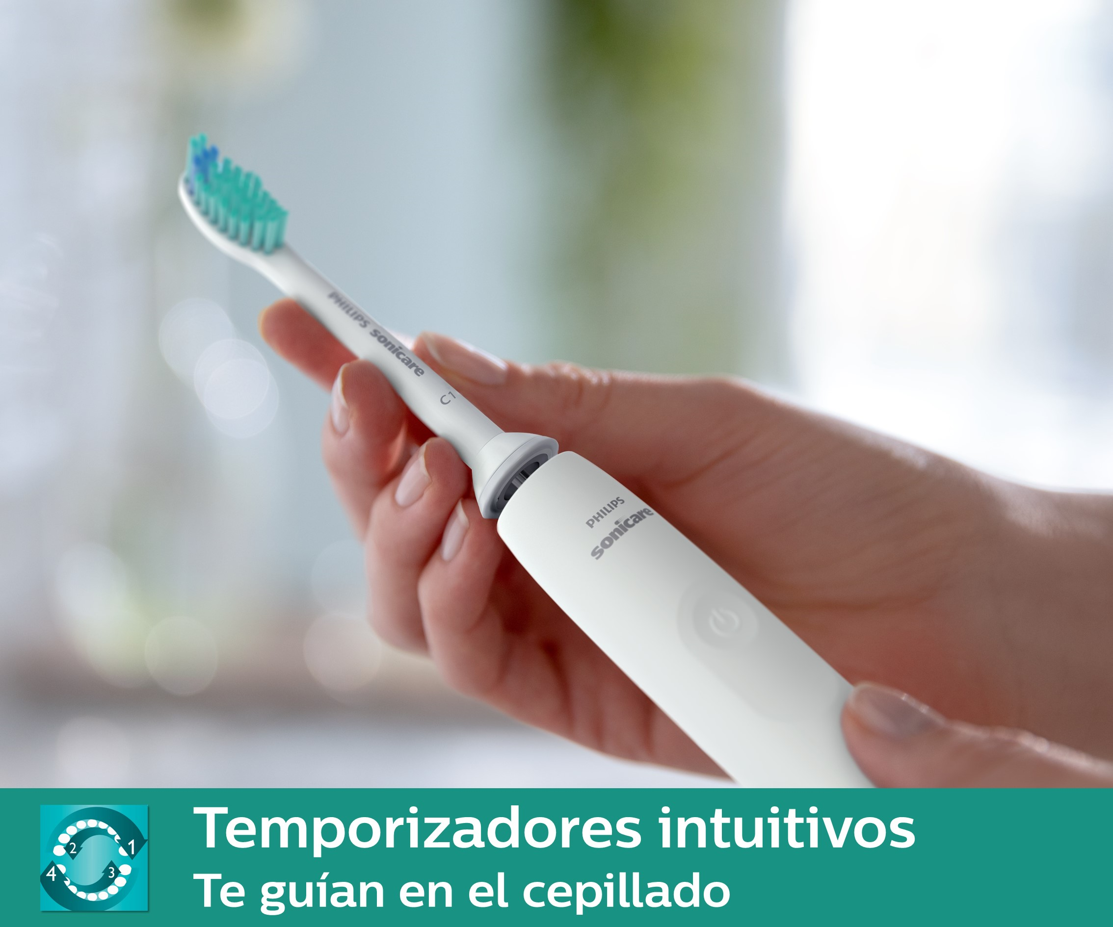 Una mano que sostiene un cepillo de dientes eléctrico blanco con un cabezal de cepillo azul y verde, con texto debajo.
