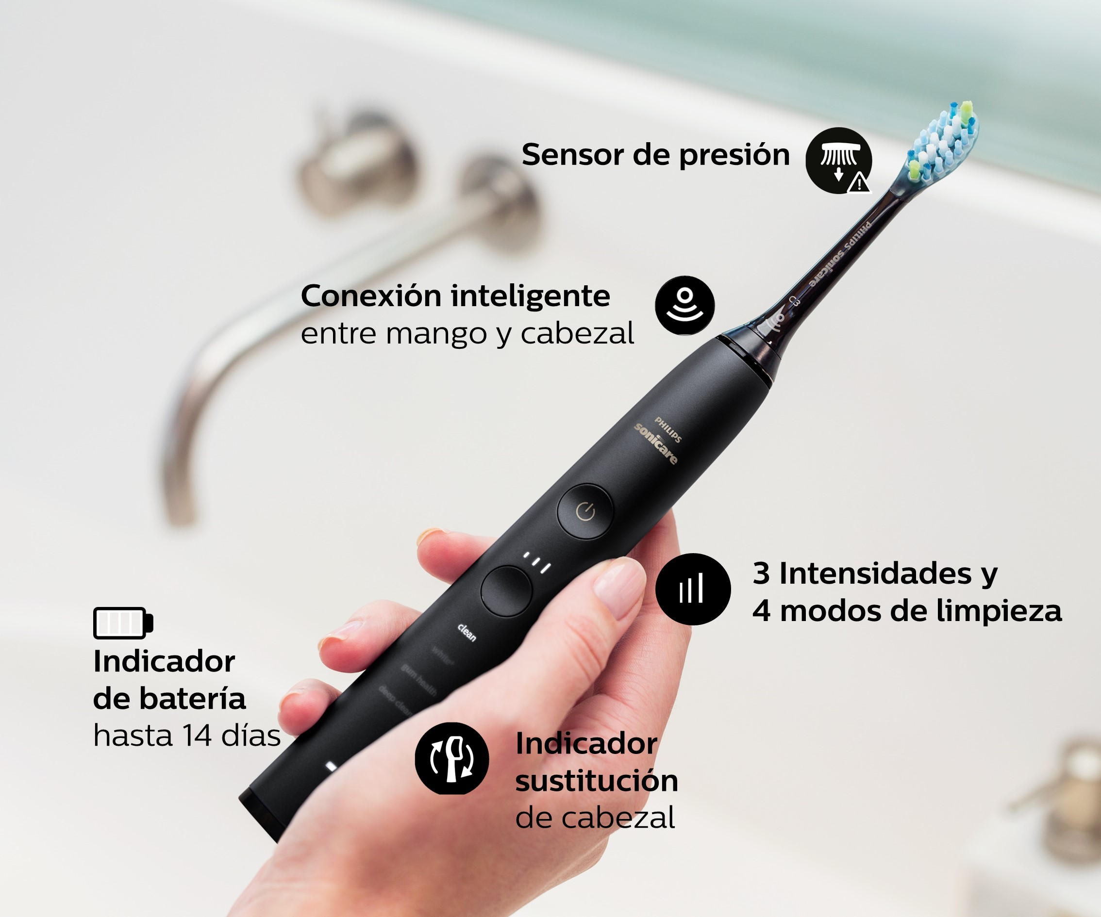 Cepillo de dientes eléctrico negro en mano, con etiquetas e iconos, en baño.