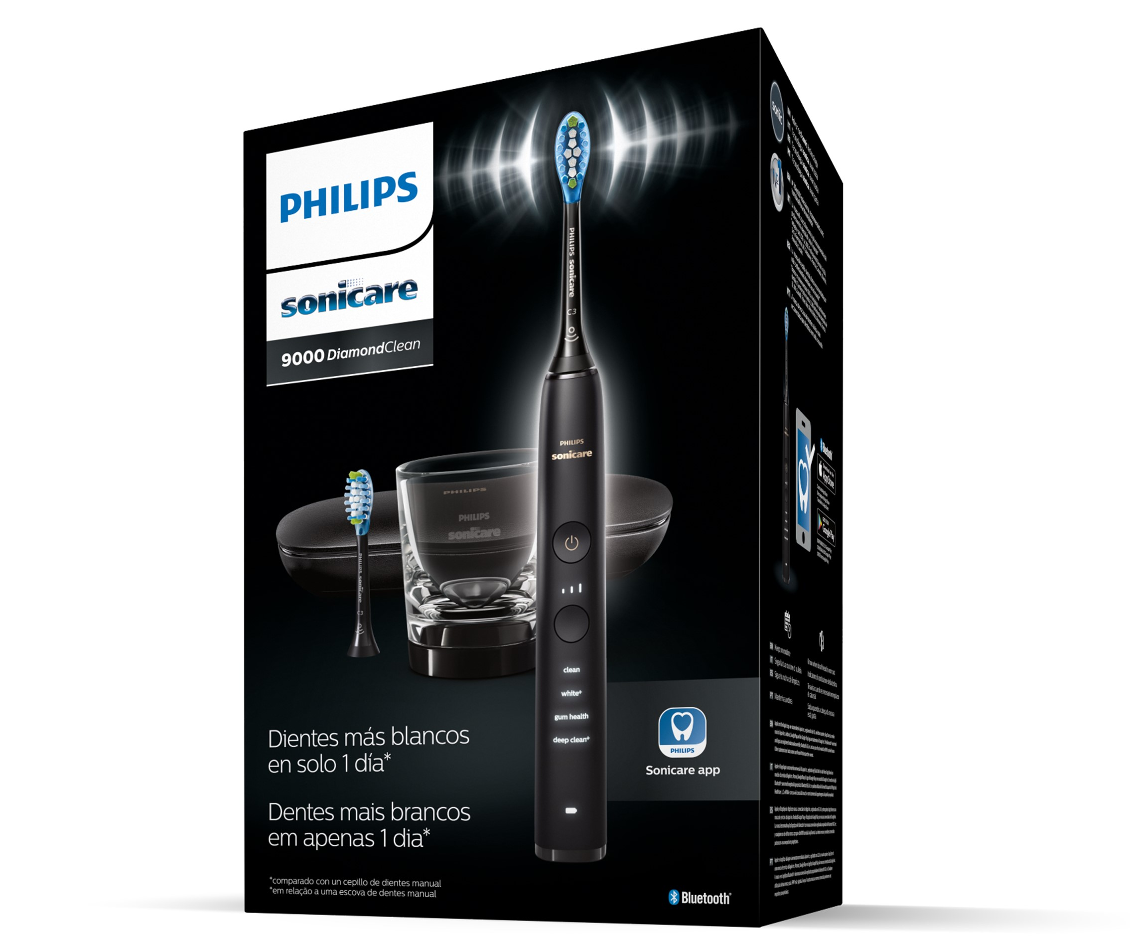 Caja de cepillo de dientes Philips Sonicare con cepillo y accesorios. Fondo negro.