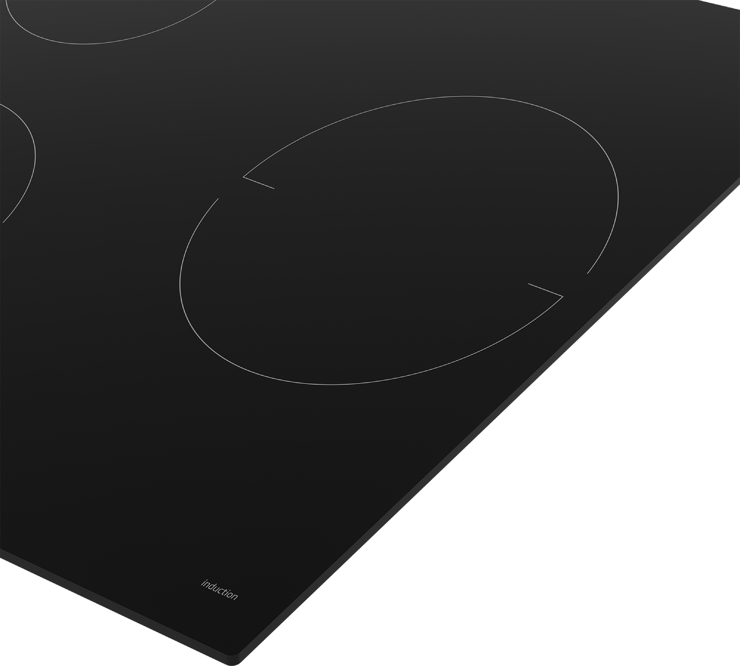 Placa de inducción negra con cuatro quemadores circulares, ángulo ligero, vista de cerca, superficie negra.