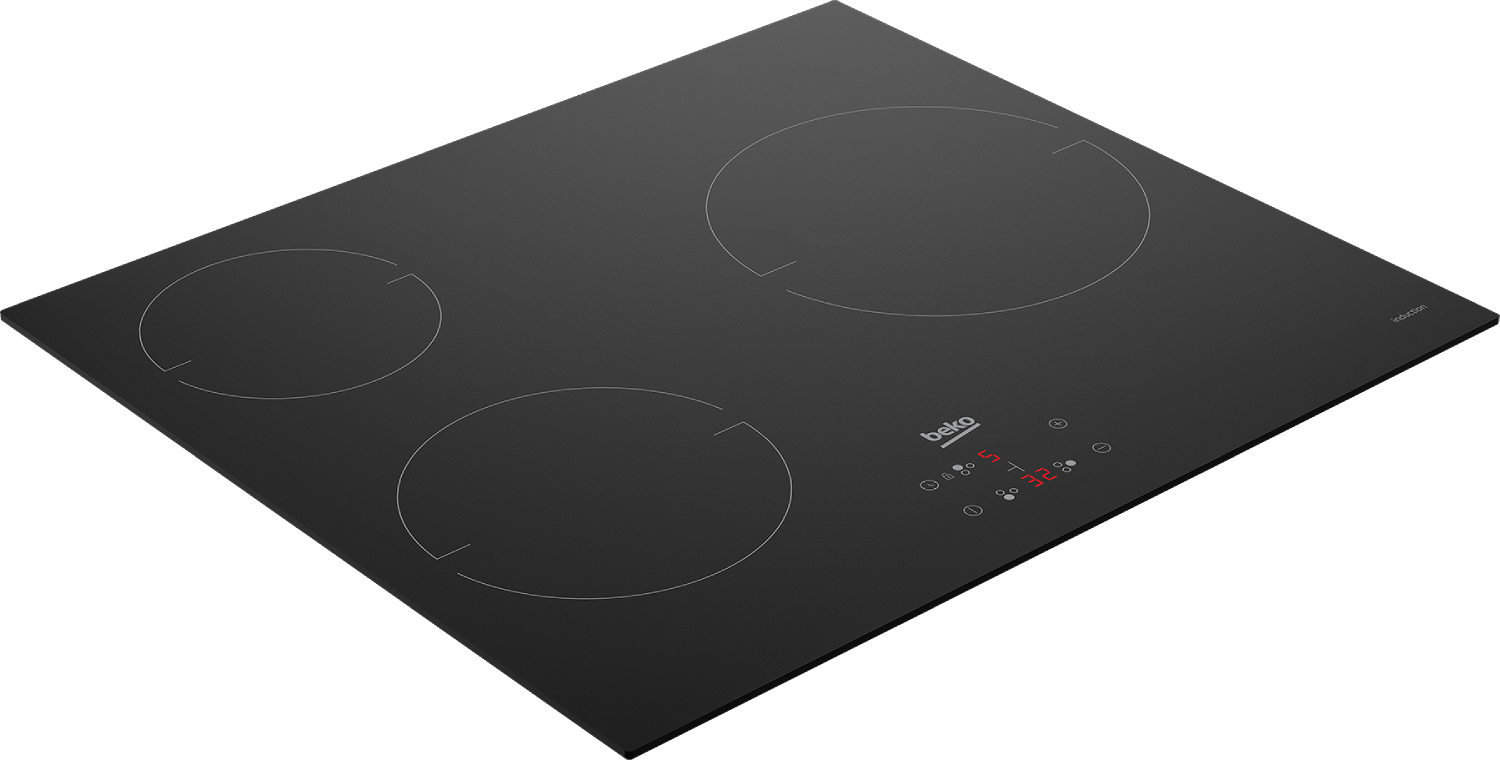 Una placa de inducción negra con tres zonas de cocción circulares y panel de control.