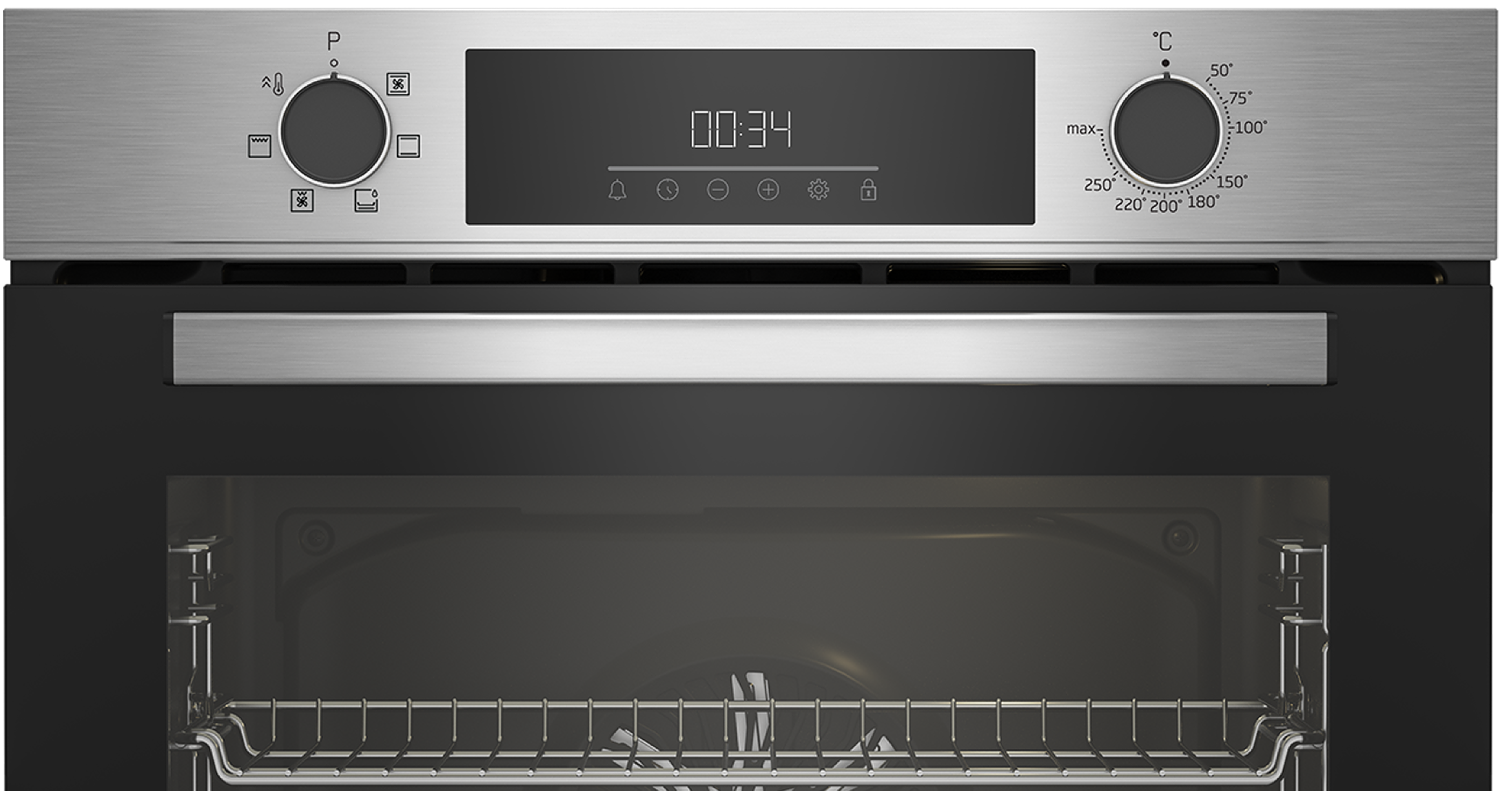 Primer plano del panel de control del horno con botones y pantalla.