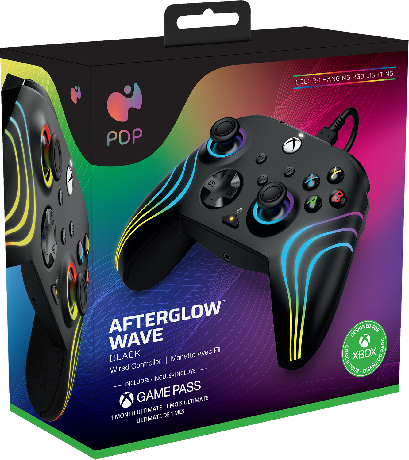 A black Afterglow Wave Xbox controller with color-changing RGB lighting, in a box.