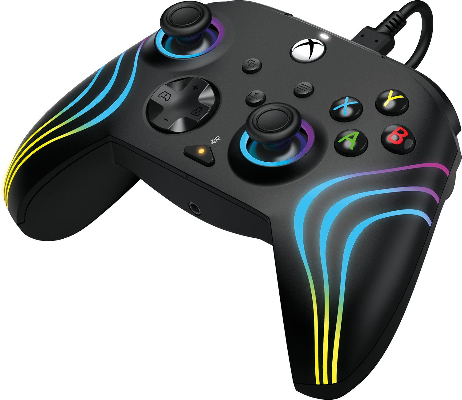 Black game controller with colorful lights, angled view.