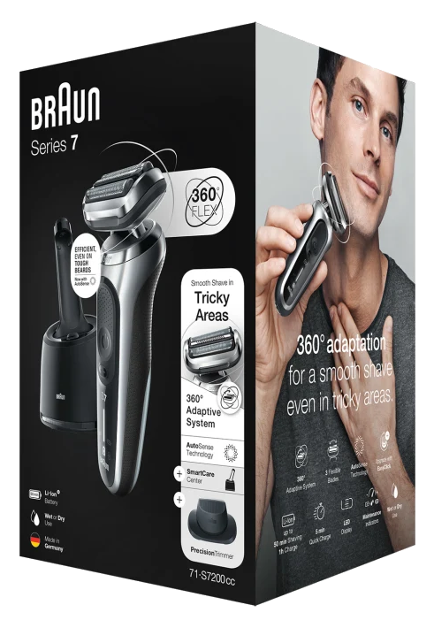 Braun Series 7 borotva doboz, egy férfival, aki egy borotvát tart.