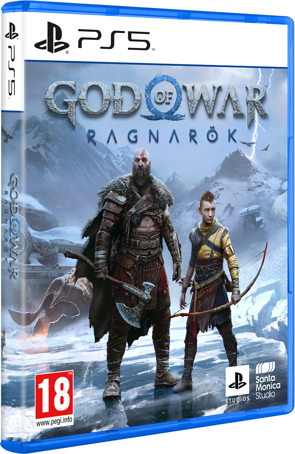 Game box of God of War Ragnarök, characters on the cover, PS5 logo.