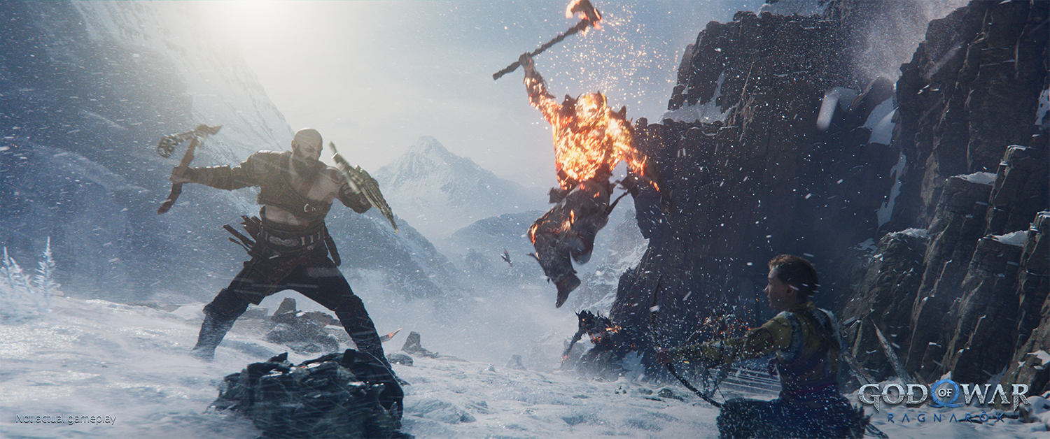 Action scene from God of War Ragnarok. Characters fighting in snowy mountains. Flames and weapons.