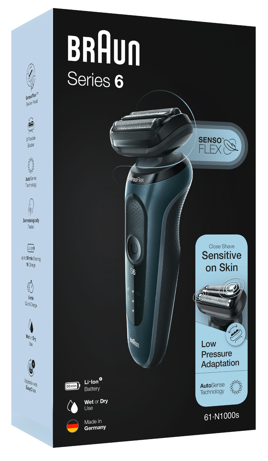 Braun Series 6 borotva doboz, kék és fekete elektromos borotva.