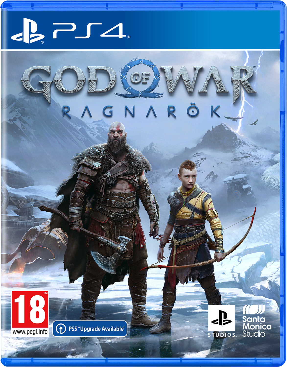 God of War Ragnarok game case. Kratos and Atreus stand with weapons.