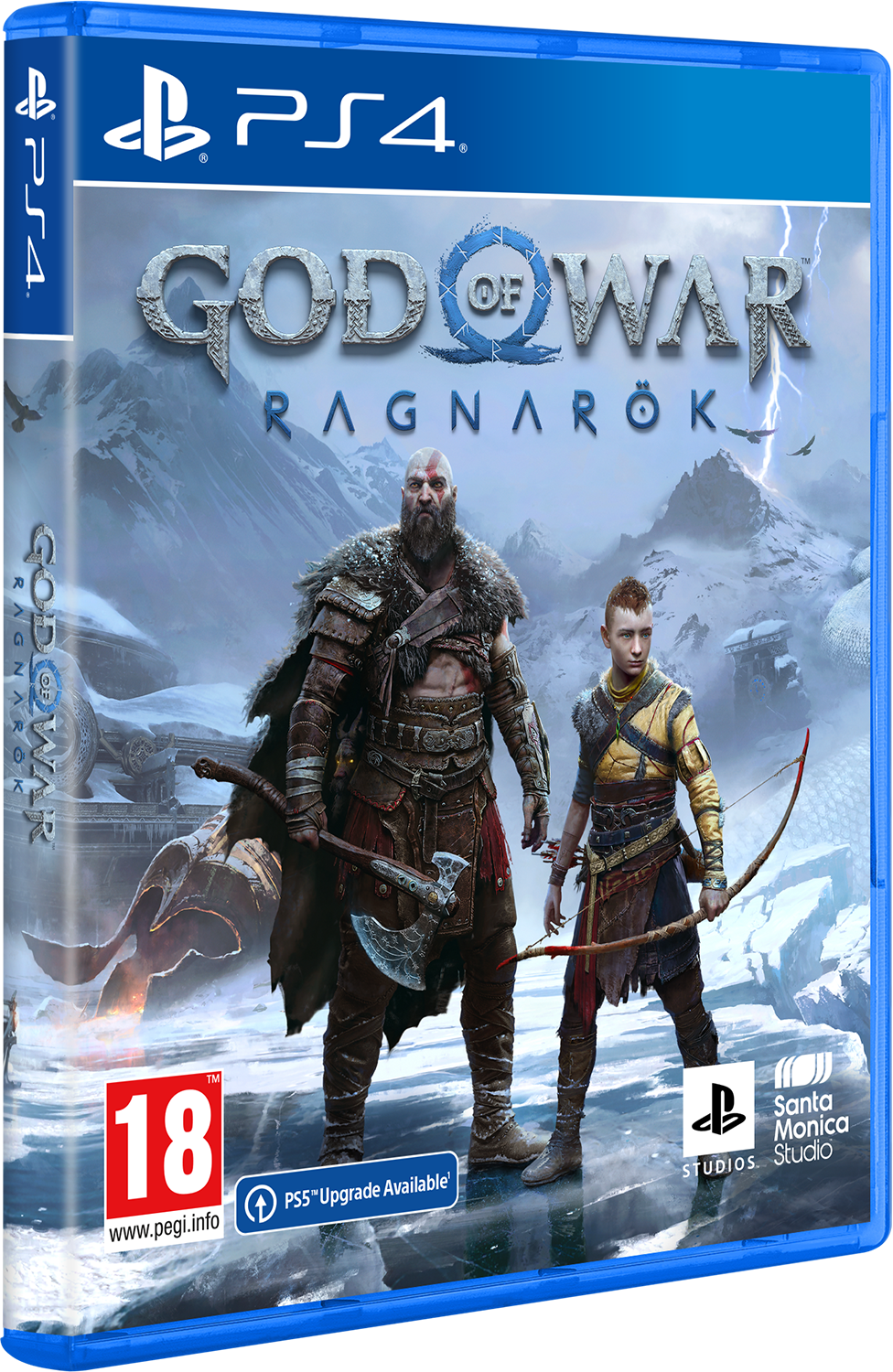God of War Ragnarok PS4 game box. Shows two characters with a snowy mountain backdrop.