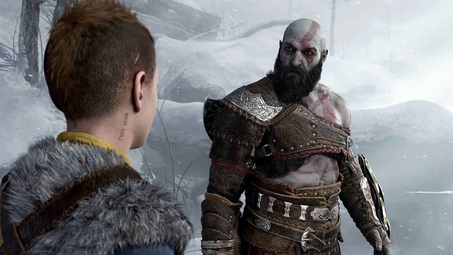Kratos and Atreus in a snowy landscape, Atreus looking at Kratos. Kratos has a beard and armor.