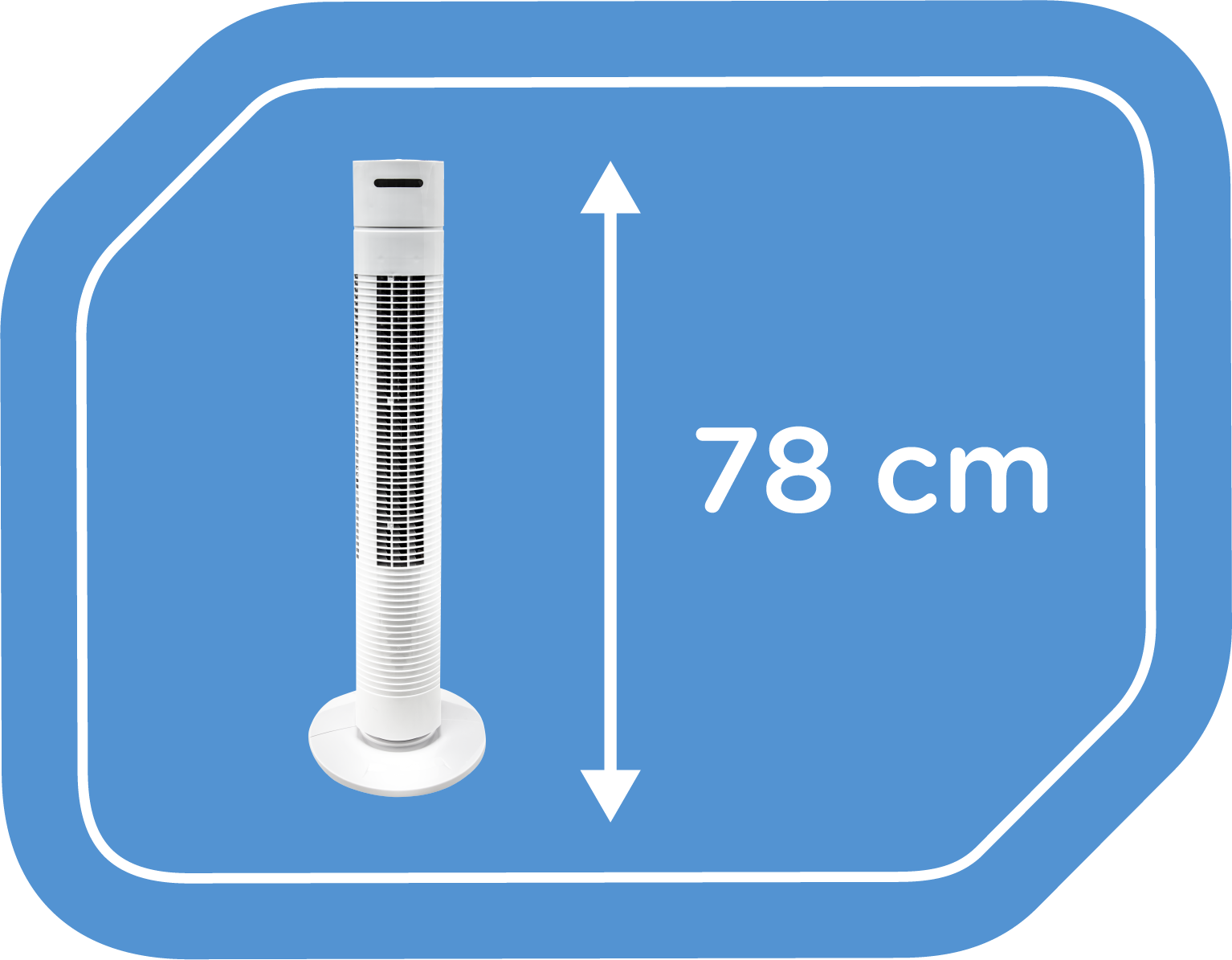 Fehér toronyventilátor kék háttérrel. A ventilátor magassága 78 cm-nek van megadva.