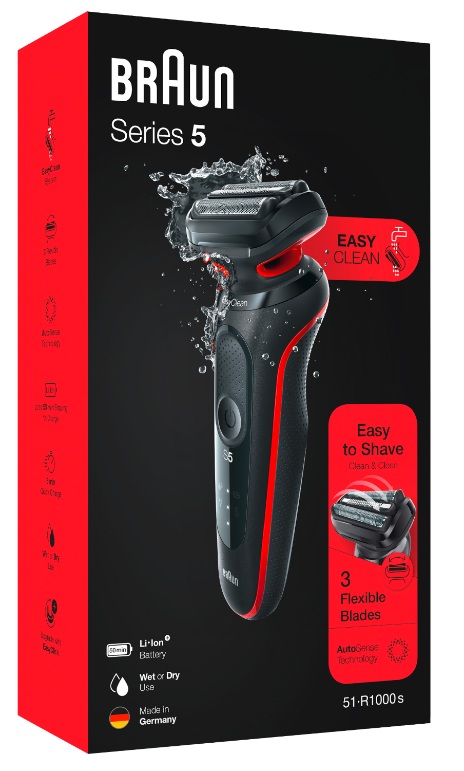 Braun Series 5 elektromos borotva, fekete és piros, vízfröccsenés effektussal, piros és fehér szöveggel, termékjellemzőkkel.