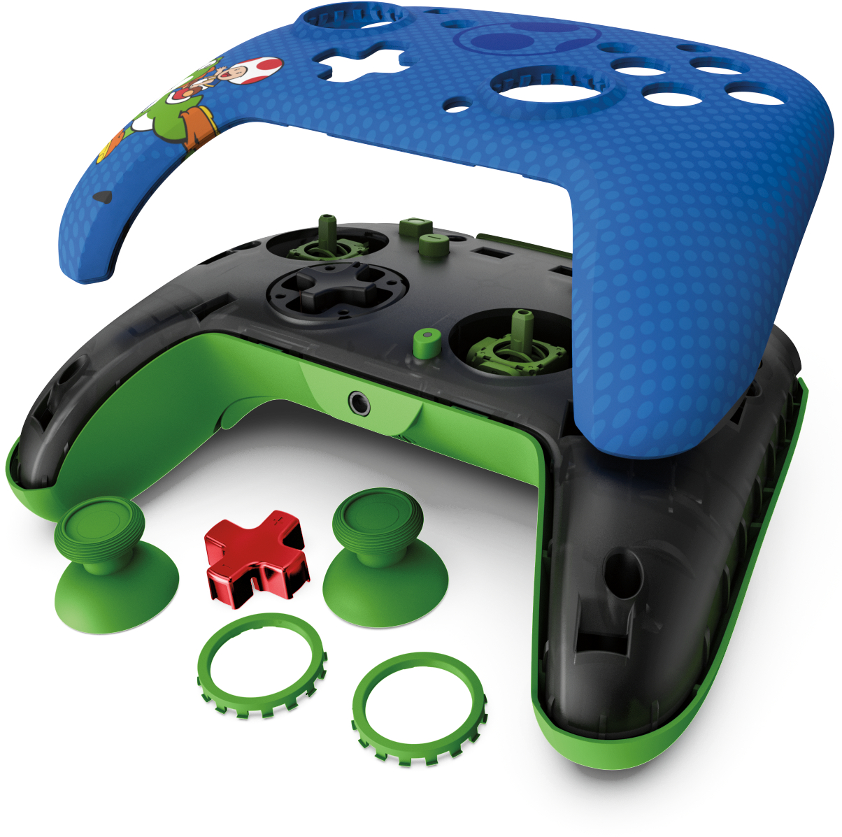Disassembled game controller showing the parts. Blue and green colors. White background.