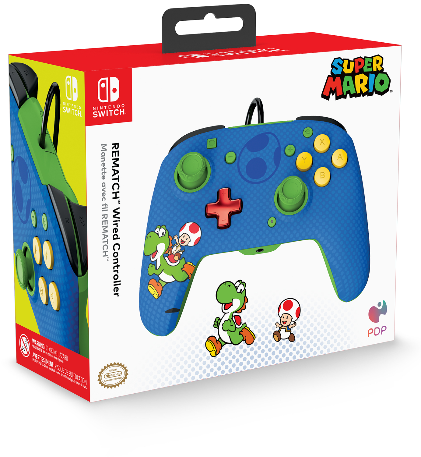 Blue, green Super Mario controller box with Yoshi and Toad illustrations.