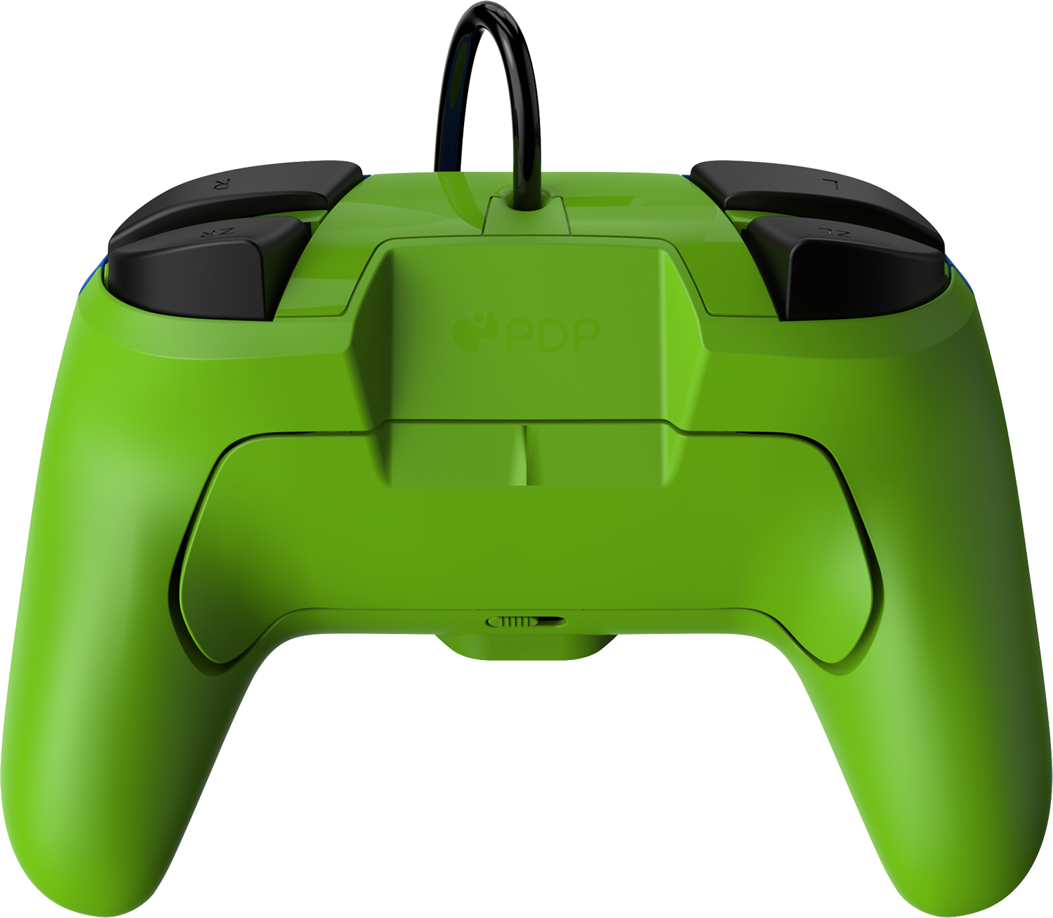Green game controller with black buttons and a cord coming from the top.