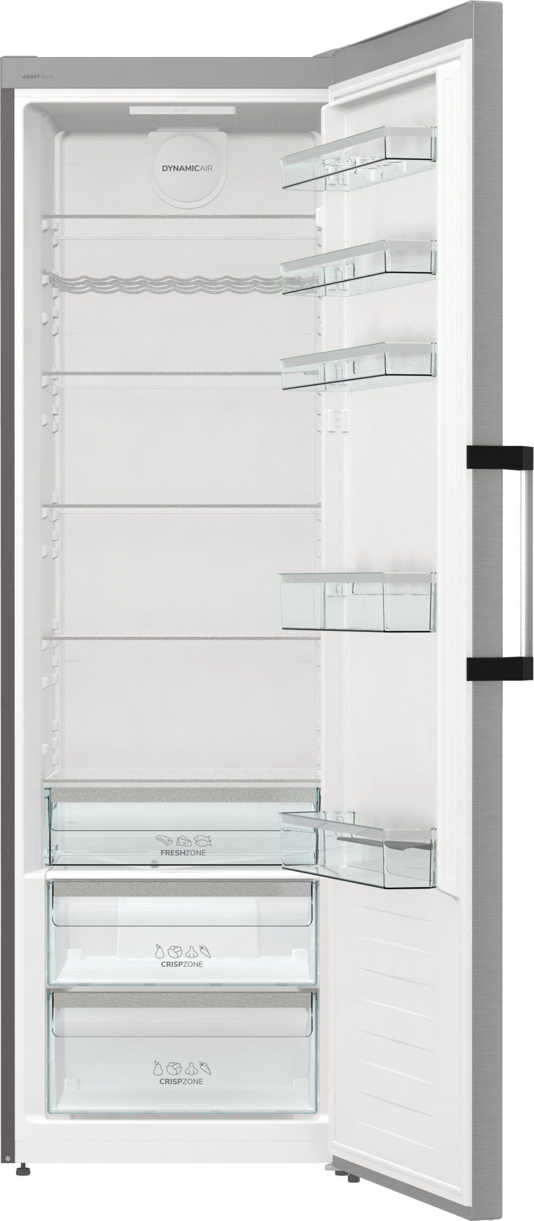 Nyitott hűtőszekrény polcokkal, fiókokkal és Dynamic Air-rel. Ezüst külső, fehér belső.