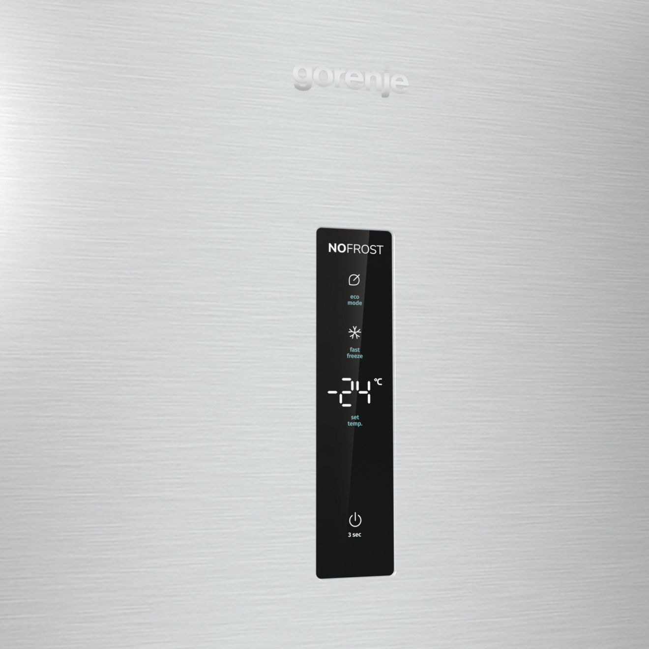 Gorenje hűtőszekrény ajtó, NoFrost panellel, hőmérsékletet és beállításokat mutatva.
