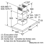 Schéma d'une hotte aspirante, montrant les dimensions et les directions du flux d'air.