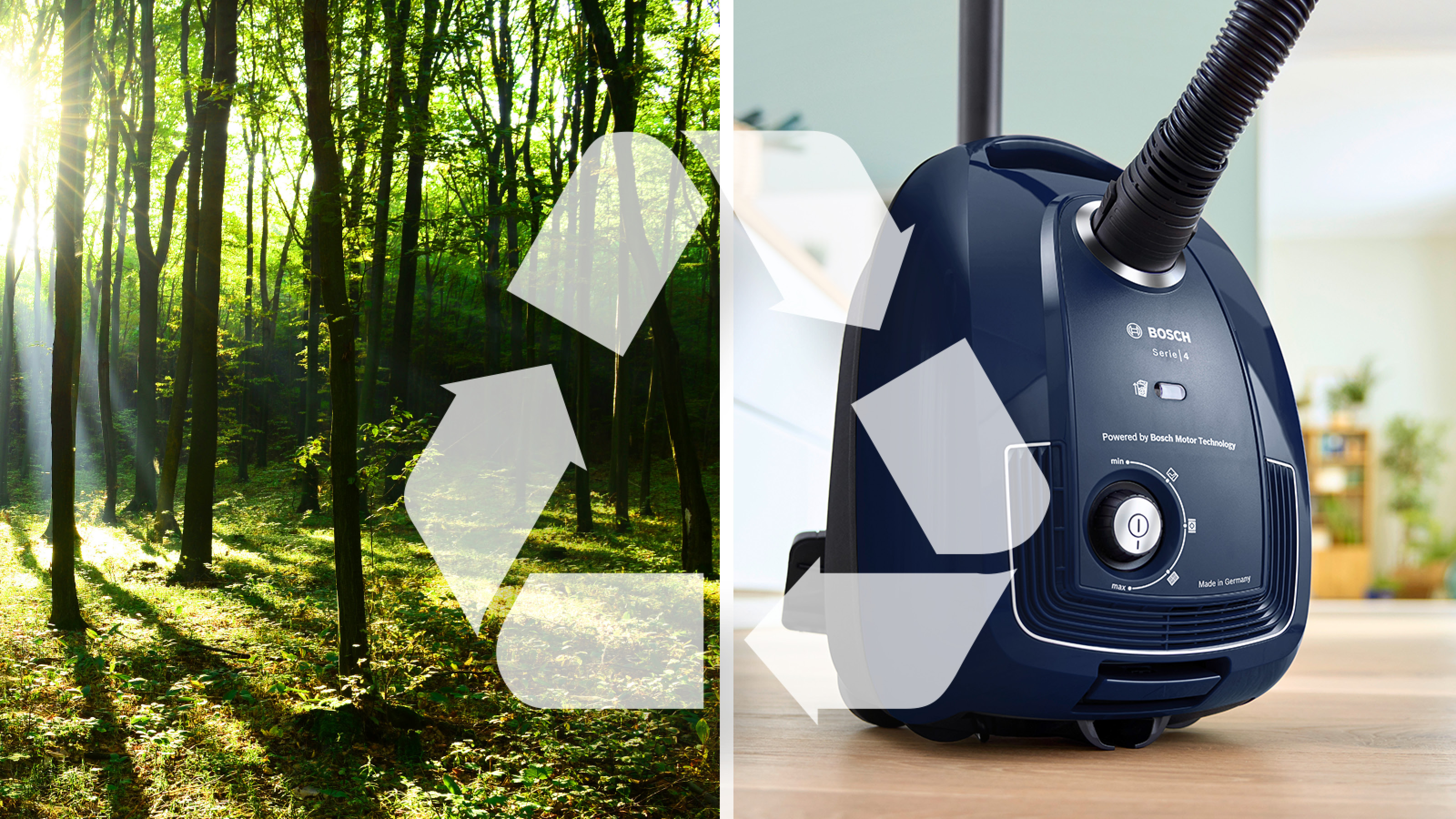 Wald und Staubsauger nebeneinander mit einem Recycling-Symbol dazwischen.
