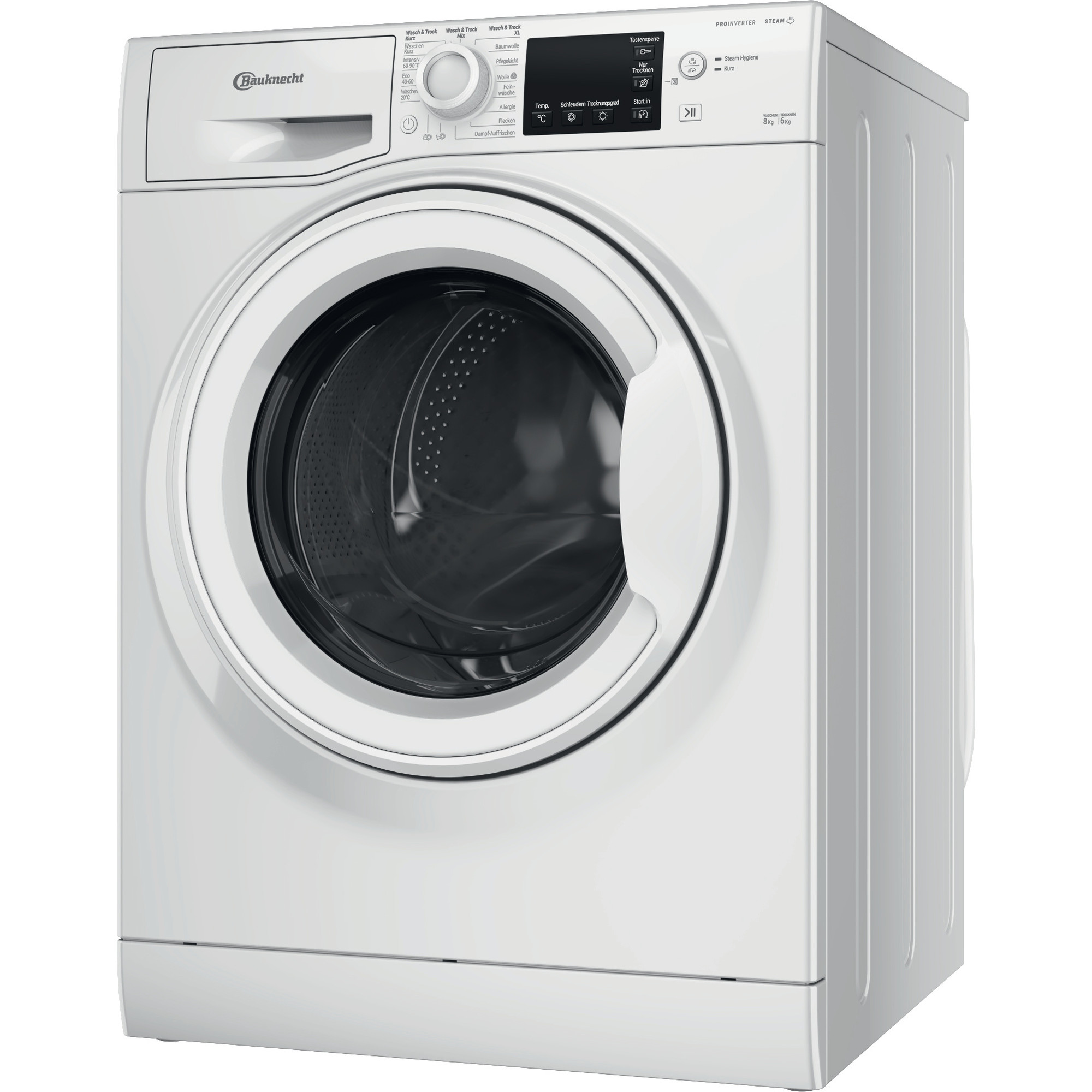 Eine weiße Waschmaschine mit einer Frontlader-Tür und Bedienfeld.