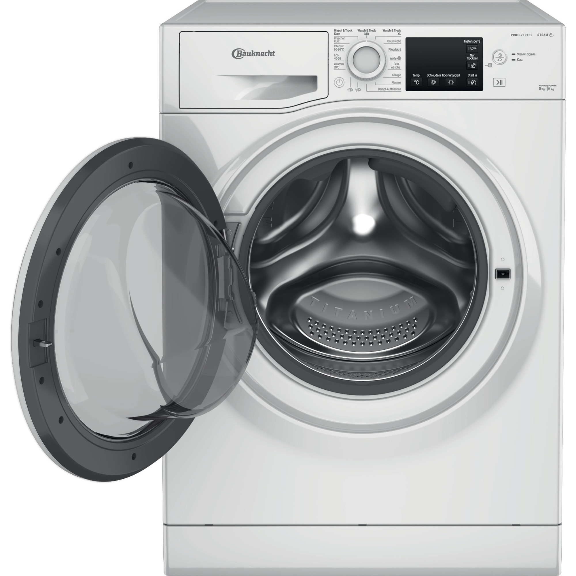 Waschmaschine mit geöffneter Tür.
