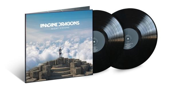 Két fekete bakelit lemez egy borítóval, amelyen az áll, hogy "Imagine Dragons Night Visions".