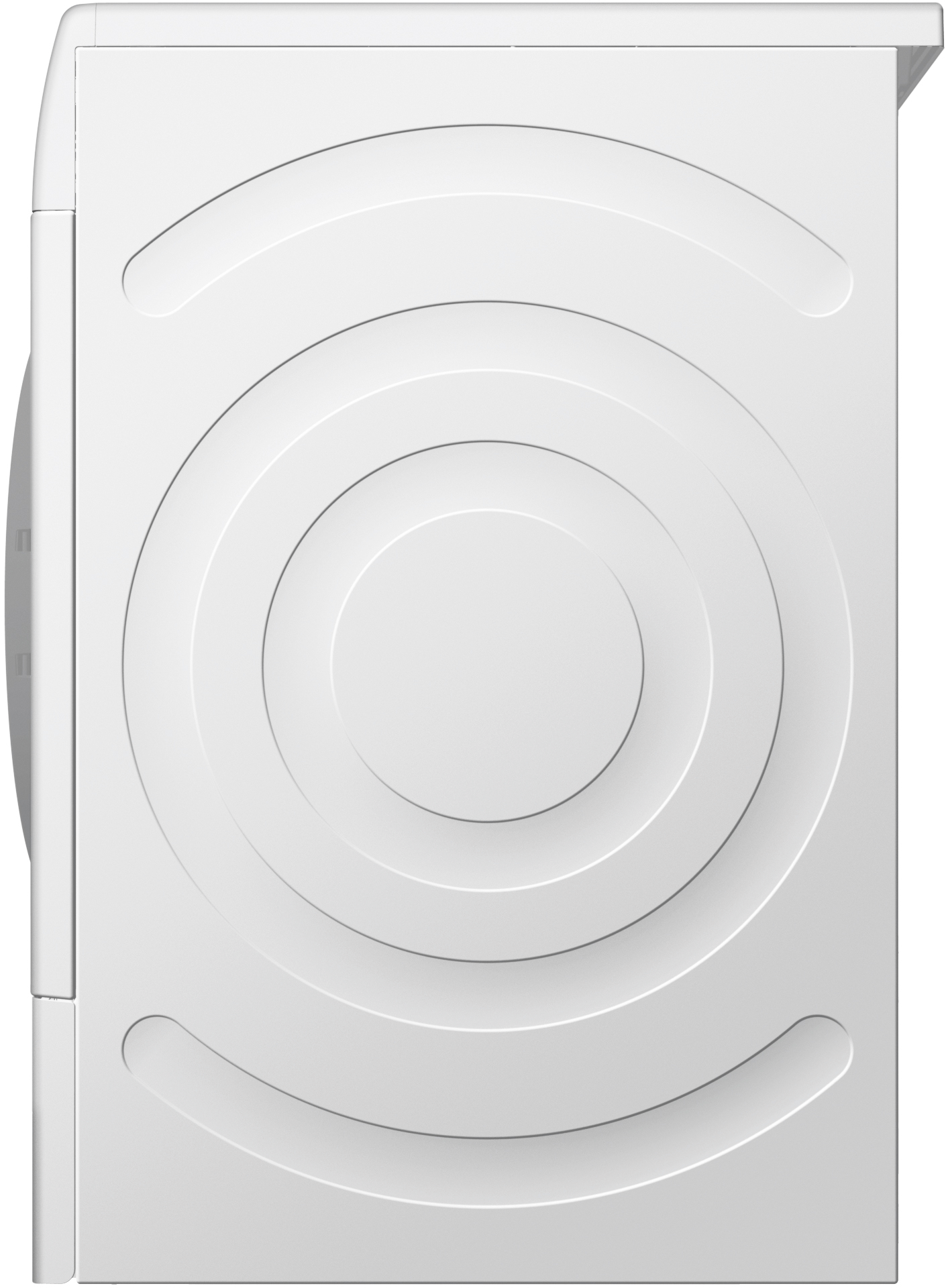 Weiße Waschmaschine mit kreisförmigem Design, Draufsicht, auf Weiß.
