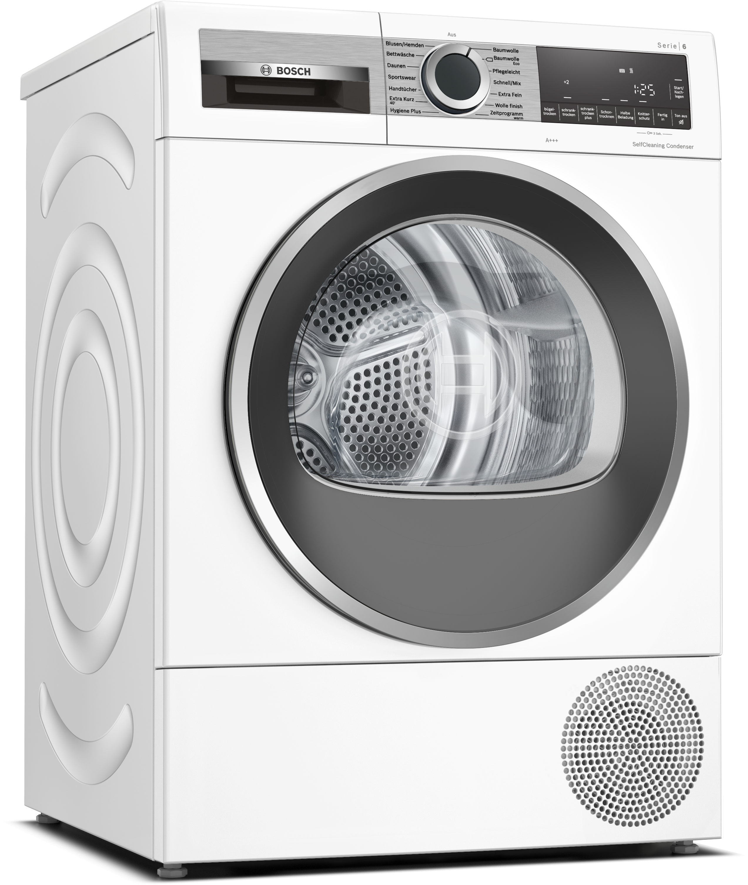 Weiße und silberne Waschmaschine mit schwarzer Tür und silbernem Rand. Das Display ist an.