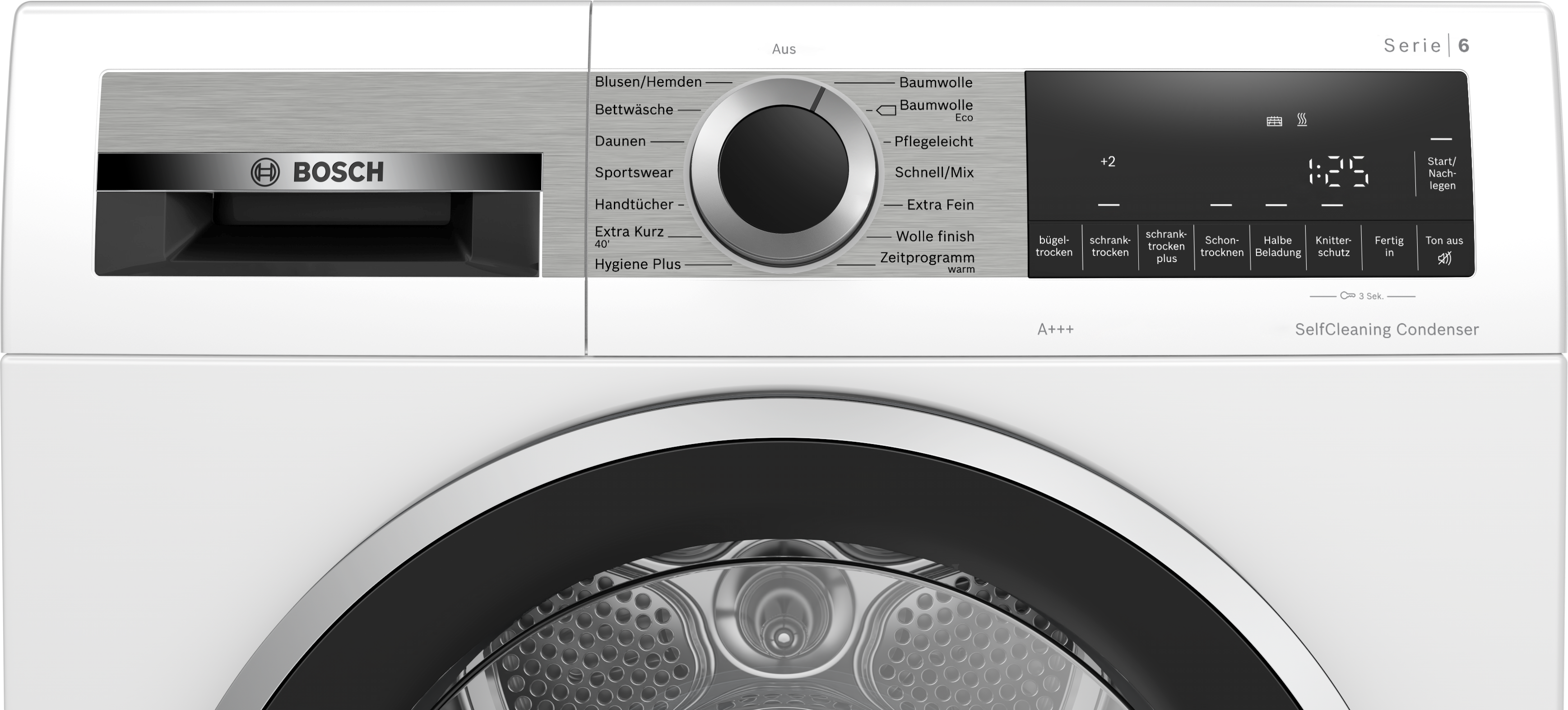Weiße Bosch-Waschmaschine mit Bedienfeld, Tür und Serie-6-Logo oben.