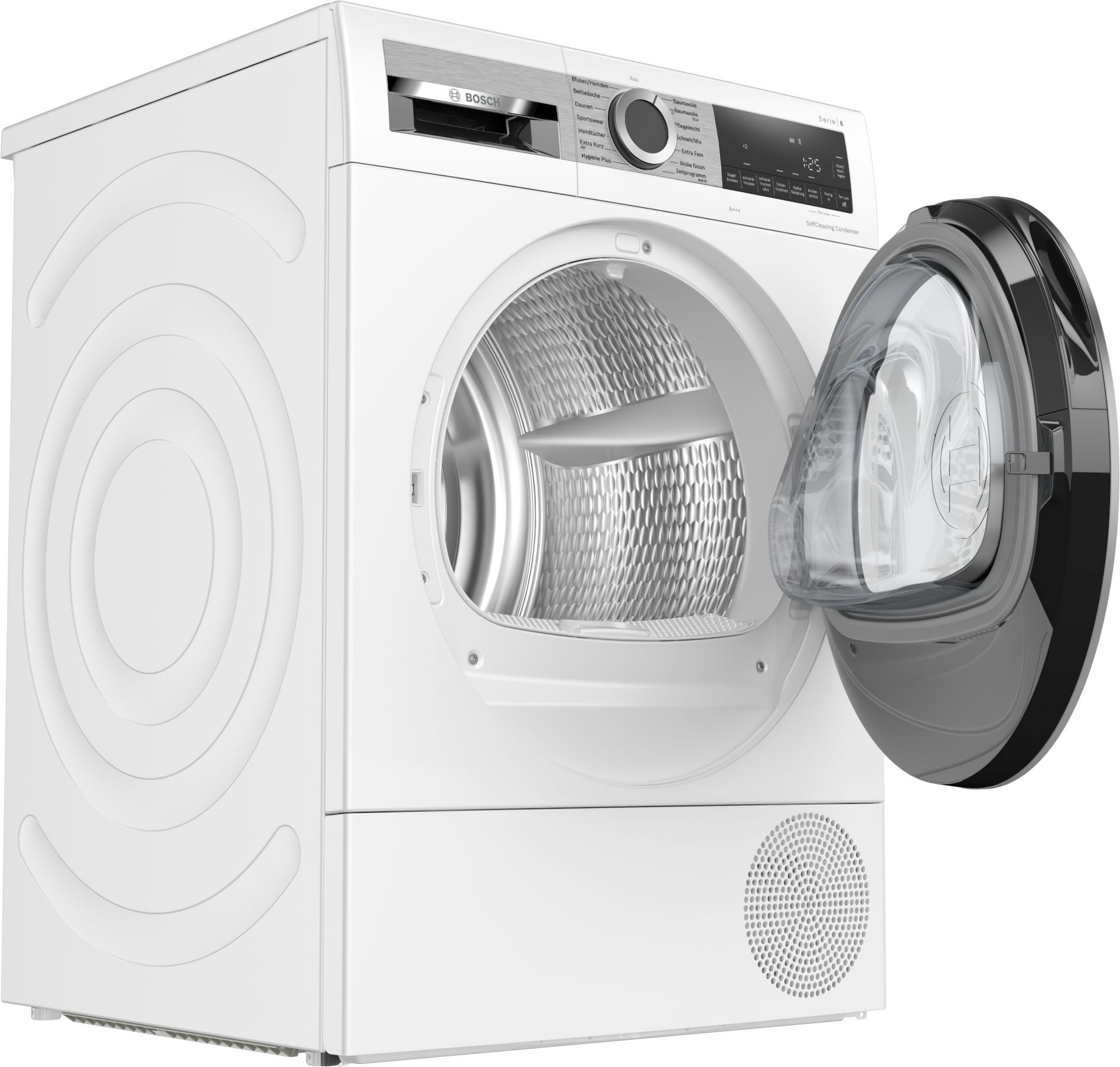 Weißer Trockner mit offener Tür, die das Innere zeigt.