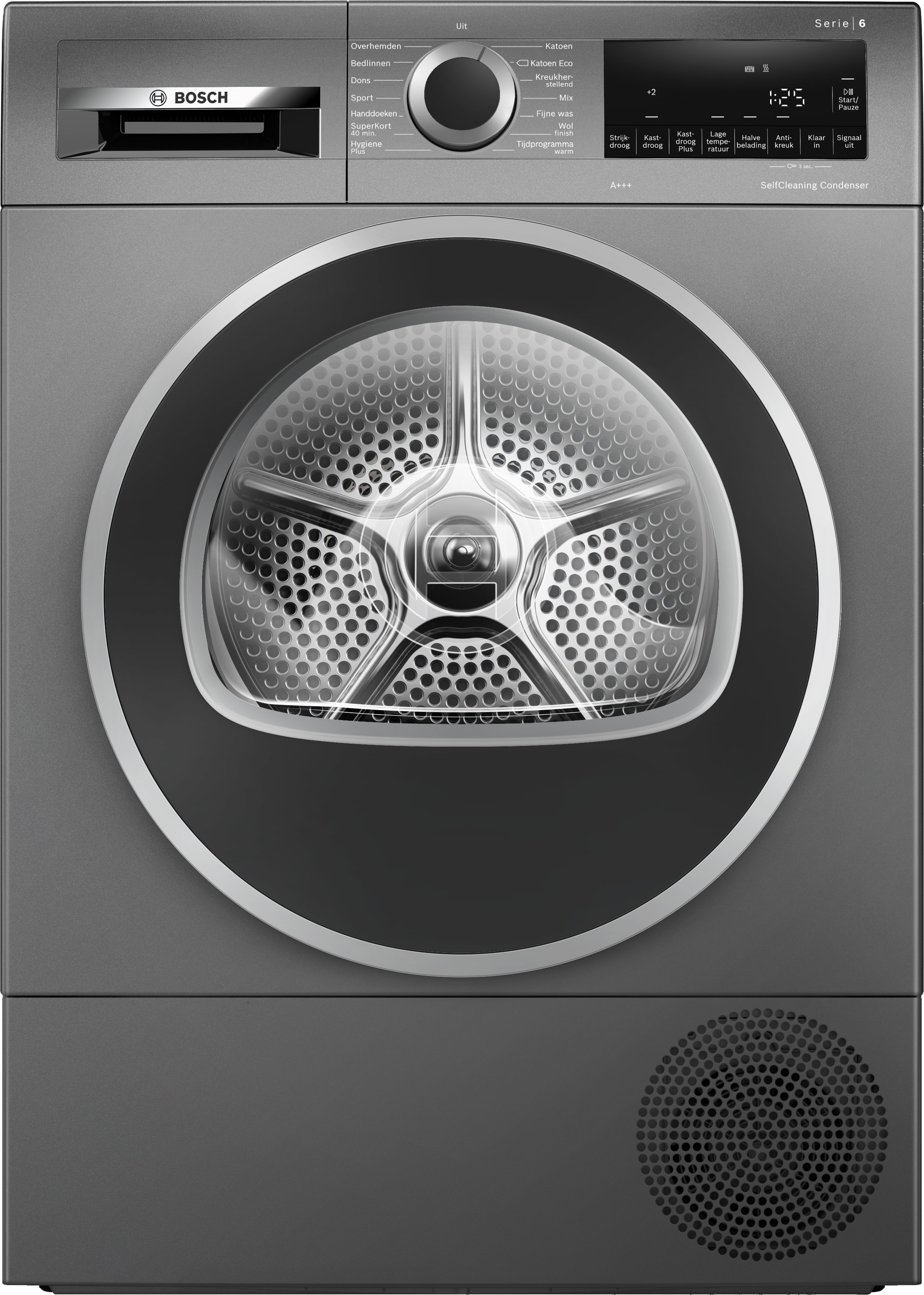 A grey Bosch washing machine. The door is transparent with a black frame.