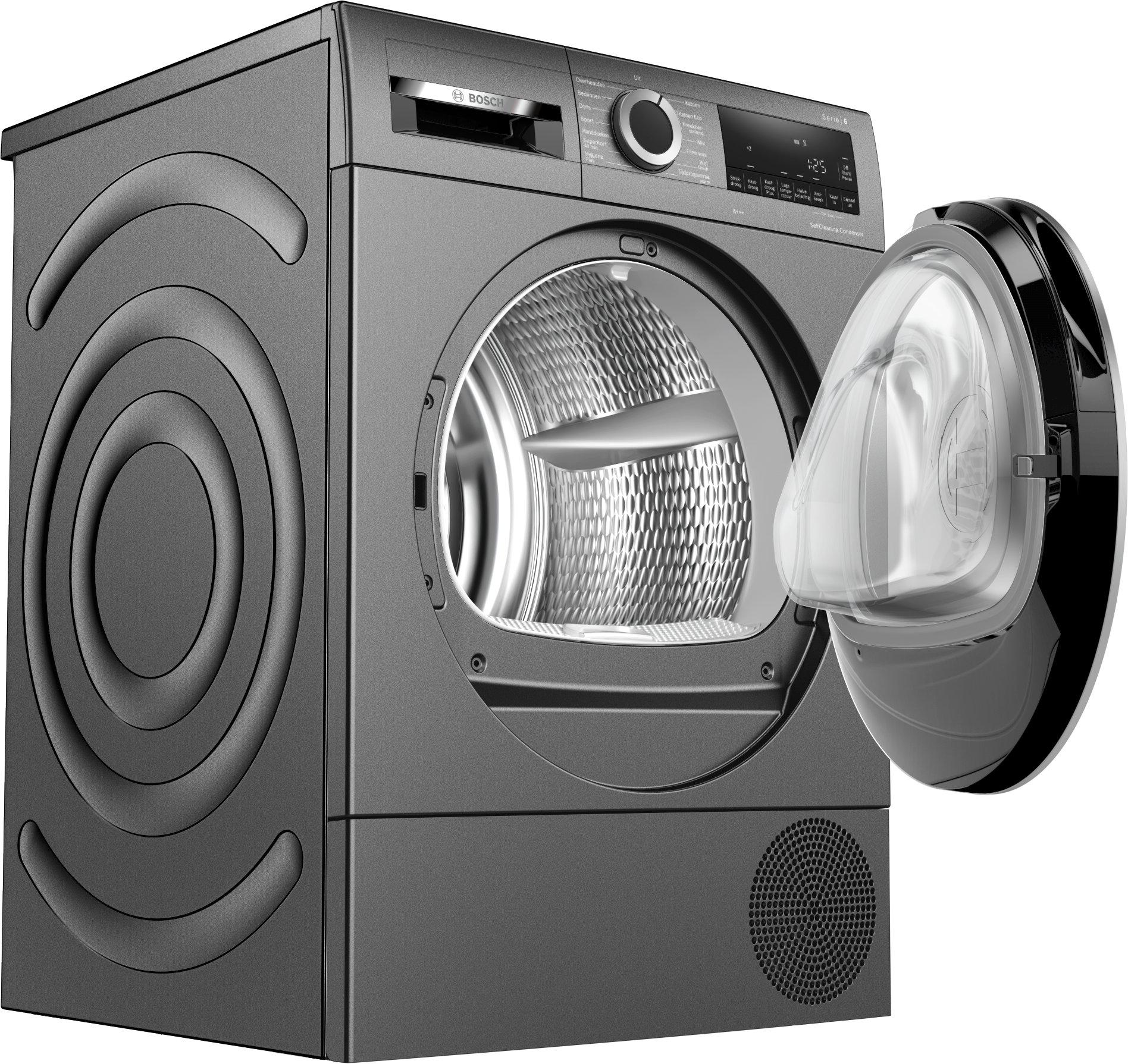 A gray dryer with an open door. The drum interior is visible. The left side has circular design.