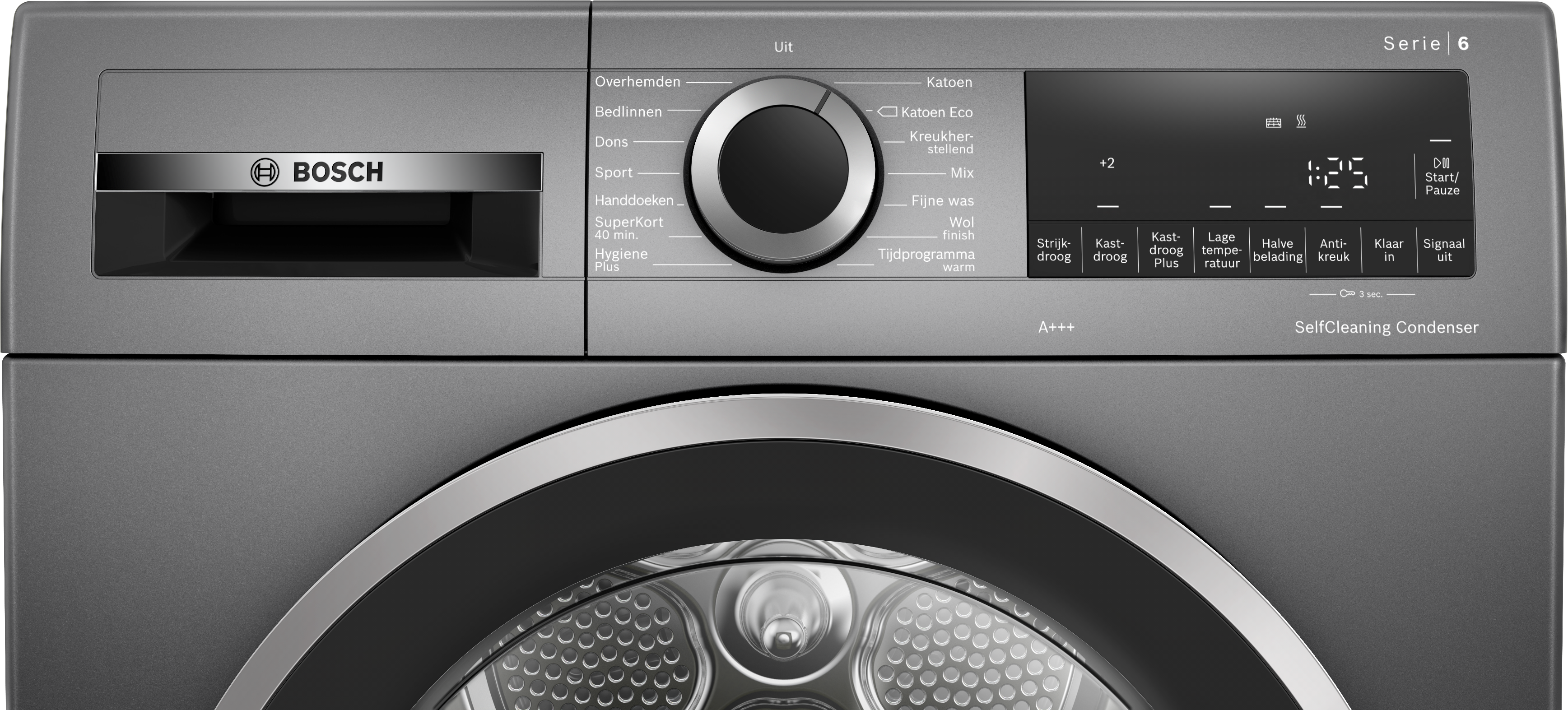 A close-up of a gray washing machine control panel with a round dial.