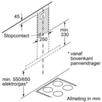 Diagramme montrant les dimensions d'une table de cuisson. Comprend des mesures et des étiquettes en mm.
