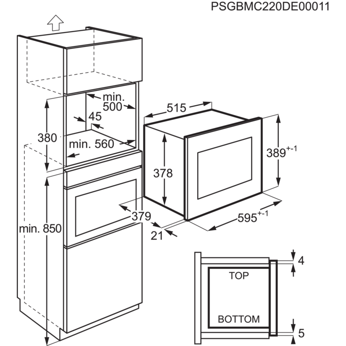 Technische tekening van een keukenapparaat met afmetingen, met een inbouwoven en magnetron.