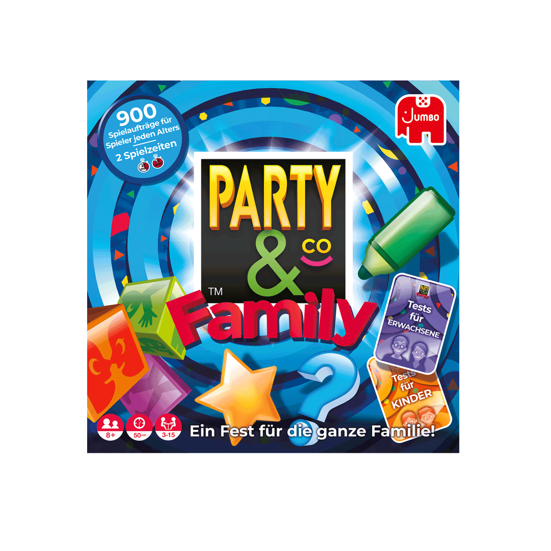 Brettspielbox, blauer Hintergrund mit Spielsteinen und Text. Party & Co Family.