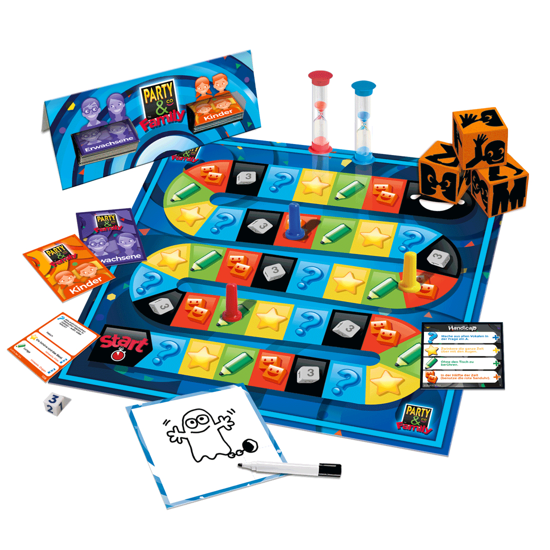 Ein Brettspiel mit bunten Quadraten und verschiedenen Spielsteinen.