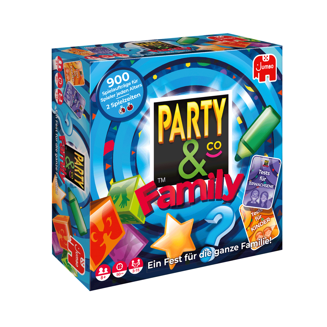 Party & Co. Family-Spielbox. Buntes Design mit Spielsteinen. 'Ein Fest für die ganze Familie!'